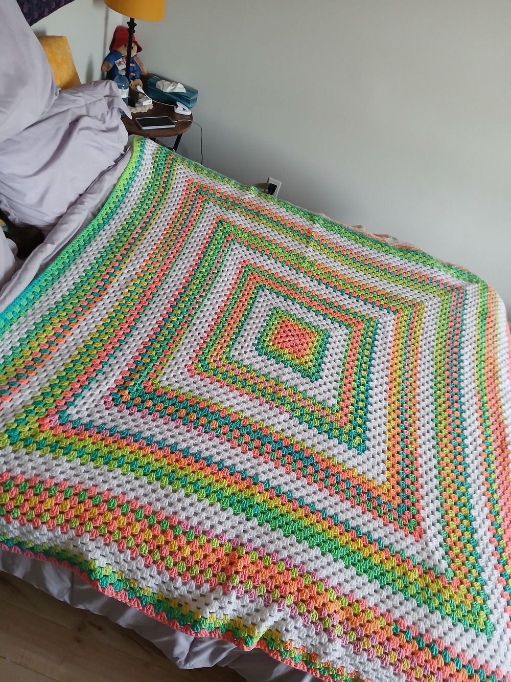 Handmade Granny Square Crochet Blanket - White with Pastel Rainbow Stripes